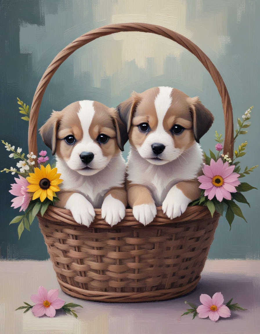 novuschroma cute puppies in a basket with flowers <lora:113_novuschroma_1:1>, <lora:sdxl_lightning_8step_lora:1>