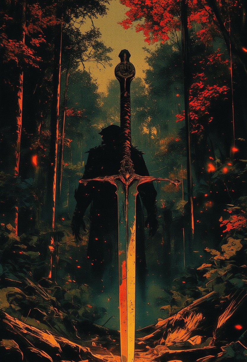 Solitary pirate, dense autumn forest, musket and great sword, tarnished silver chain, glowing life magic gem, forgotten altar, fallen leaves and moss, ancient chant, forest spirits, lost treasure.
, the dark and moody background adds a dramatic tone, with subtle lighting highlighting metallic surfaces