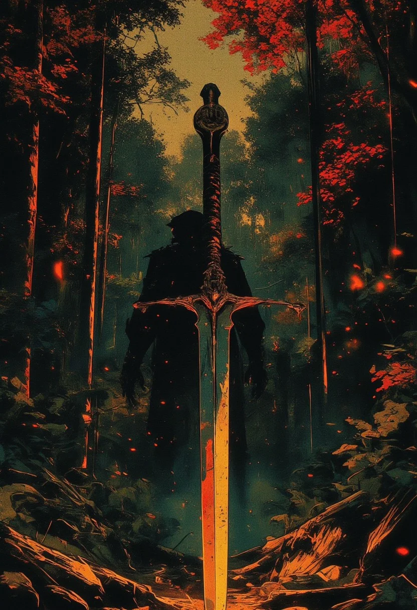 Solitary pirate, dense autumn forest, musket and great sword, tarnished silver chain, glowing life magic gem, forgotten altar, fallen leaves and moss, ancient chant, forest spirits, lost treasure.
, the dark and moody background adds a dramatic tone, with subtle lighting highlighting metallic surfaces