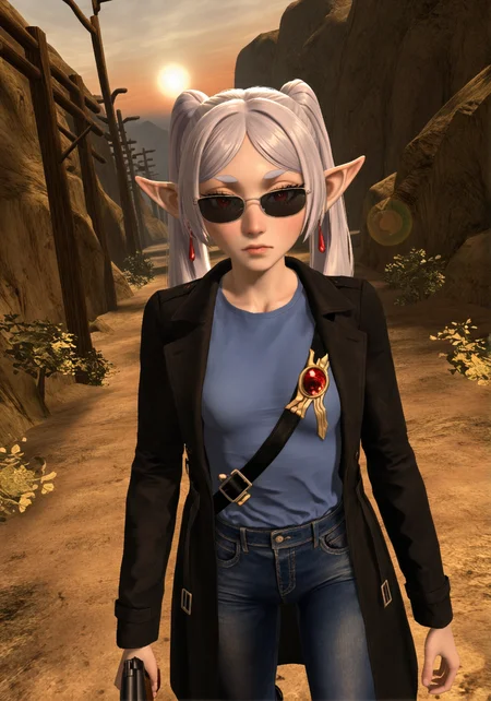 masterpiece, realistic, scenery, 1girl, solo, frieren, long white hair, red eyes, sunglasses, black trench coat open, blue shirt with no logo, blue jeans, black boots, upper body, (holding shotgun across chest:1.4), POV view, slight dutch angle, dead serious expression, dusty sun flare, dry orange sunset, heat shimmer, cinematic rim light, dramatic energy, <lora:POSTAL_2_Style_Lora_V1.0_ILXL_DIM16_E10:1> <lora:dmd2_sdxl_4step_lora:1>