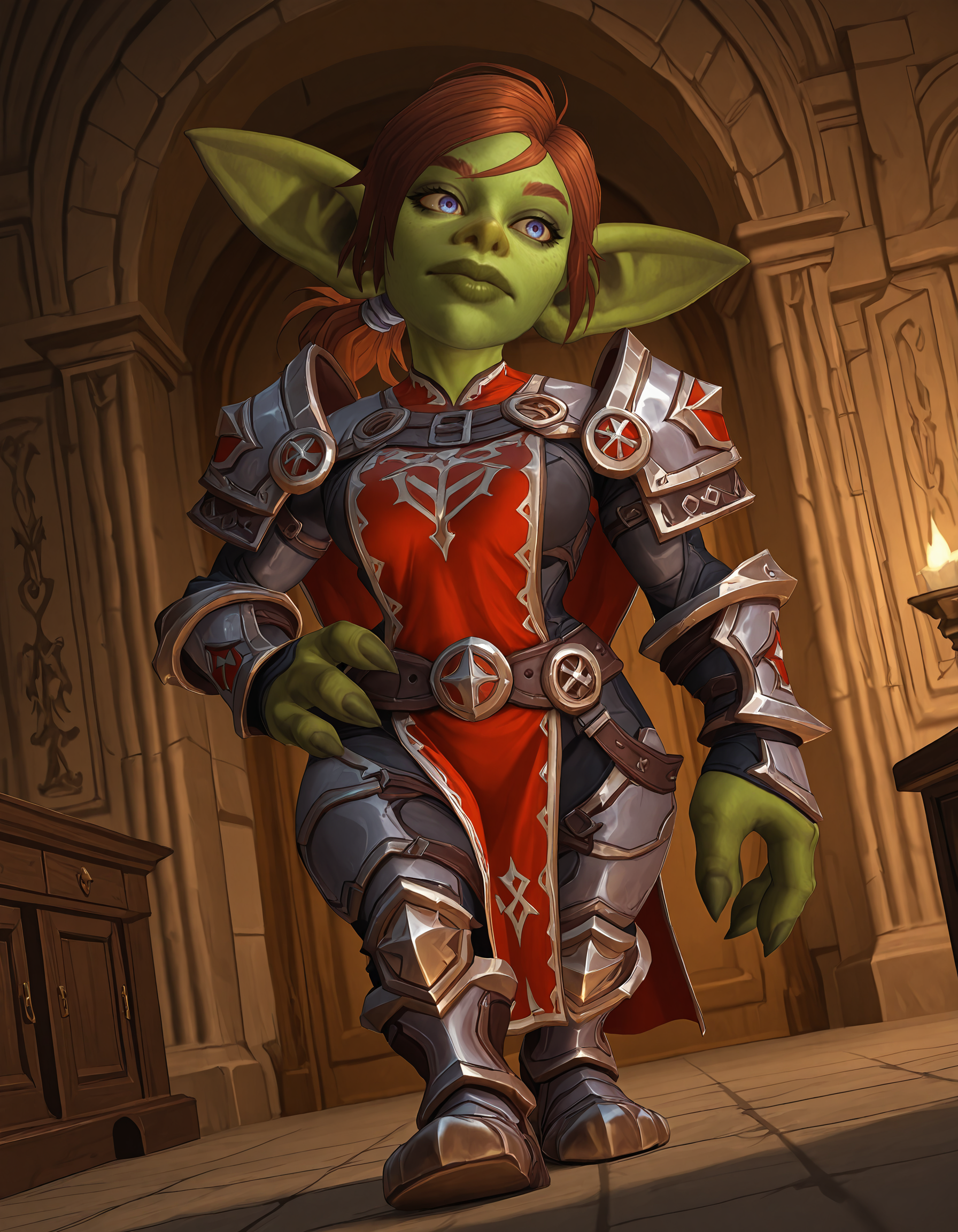 masterpiece, best quality, amazing quality, very aesthetic, high resolution, ultra-detailed, absurdres, newest, photorealistic details, <lora:WoW_GoblinGTb:0.85>, wowgobbostyle, indoors, volumetric lighting. fantasy, torches,
1girl, female goblin, head tilt, muscular female, shortstack, fewer digits, nose, lips, dutch angle, hand on hip, full body, armor, walking, tabard,
