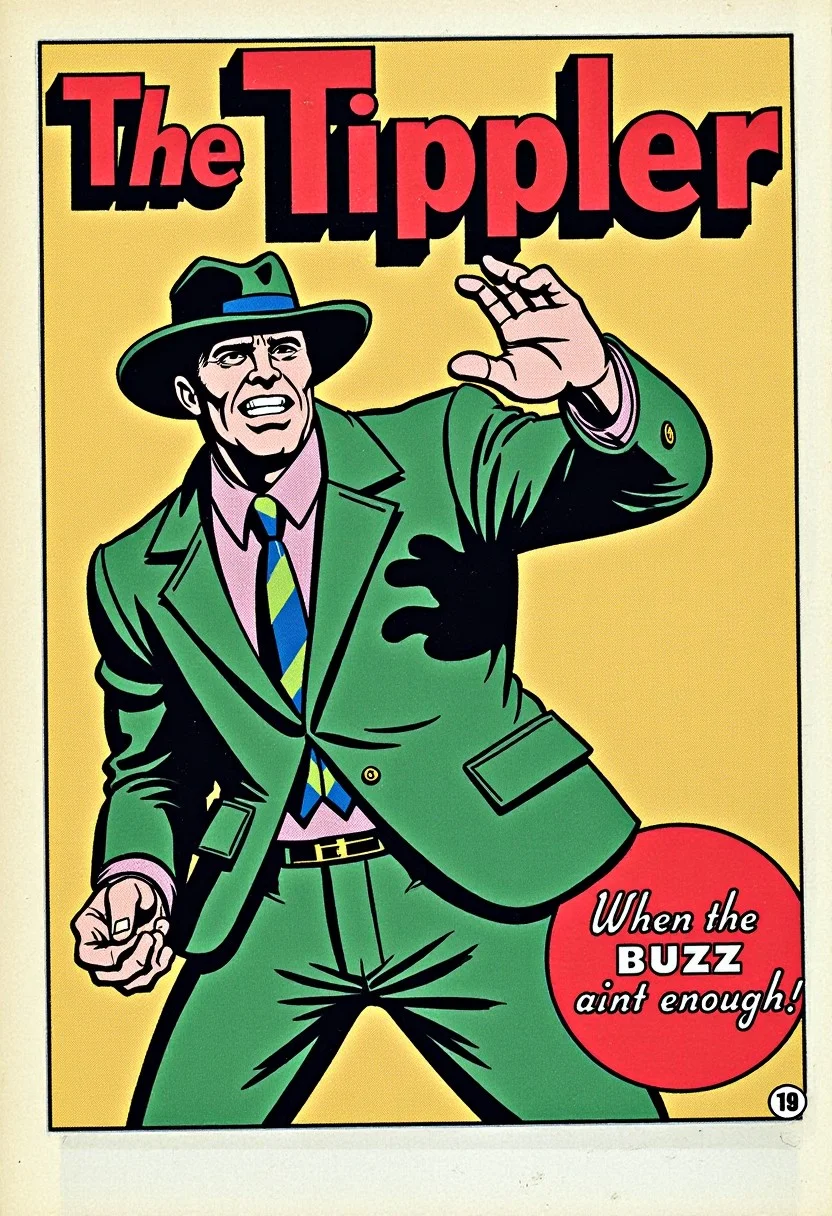 Comic book panel of The Riddler with a T instead of R and the Text "The Tippler" and a smaller text "When the BUZZ aint enough"