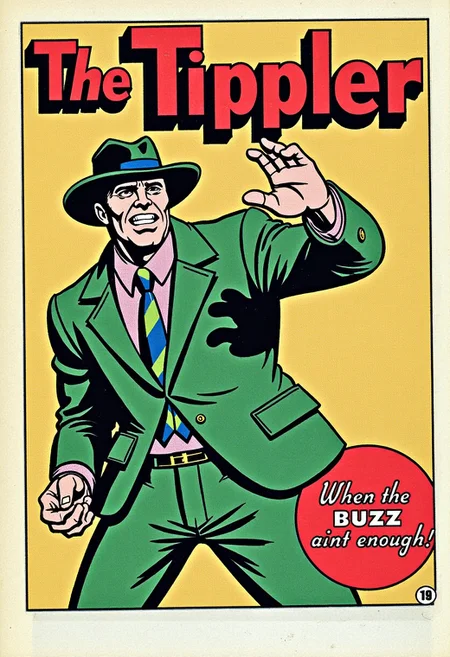 Comic book panel of The Riddler with a T instead of R and the Text "The Tippler" and a smaller text "When the BUZZ aint enough"