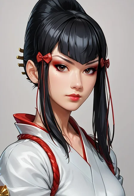 score_9, score_8_up, score_7_up,derpibooru_p_95,
source_anime, very aesthetic, anime screencap, anime coloring,
kazumi mishima, kazumi mishima \(tekken\),kazumi mishima kimono \(tekken\), 1girl, solo, long hair, breasts, looking at viewer, bangs, black hair, brown eyes, closed mouth, upper body, japanese clothes, grey background, lips, makeup, realistic, nose, eyeliner