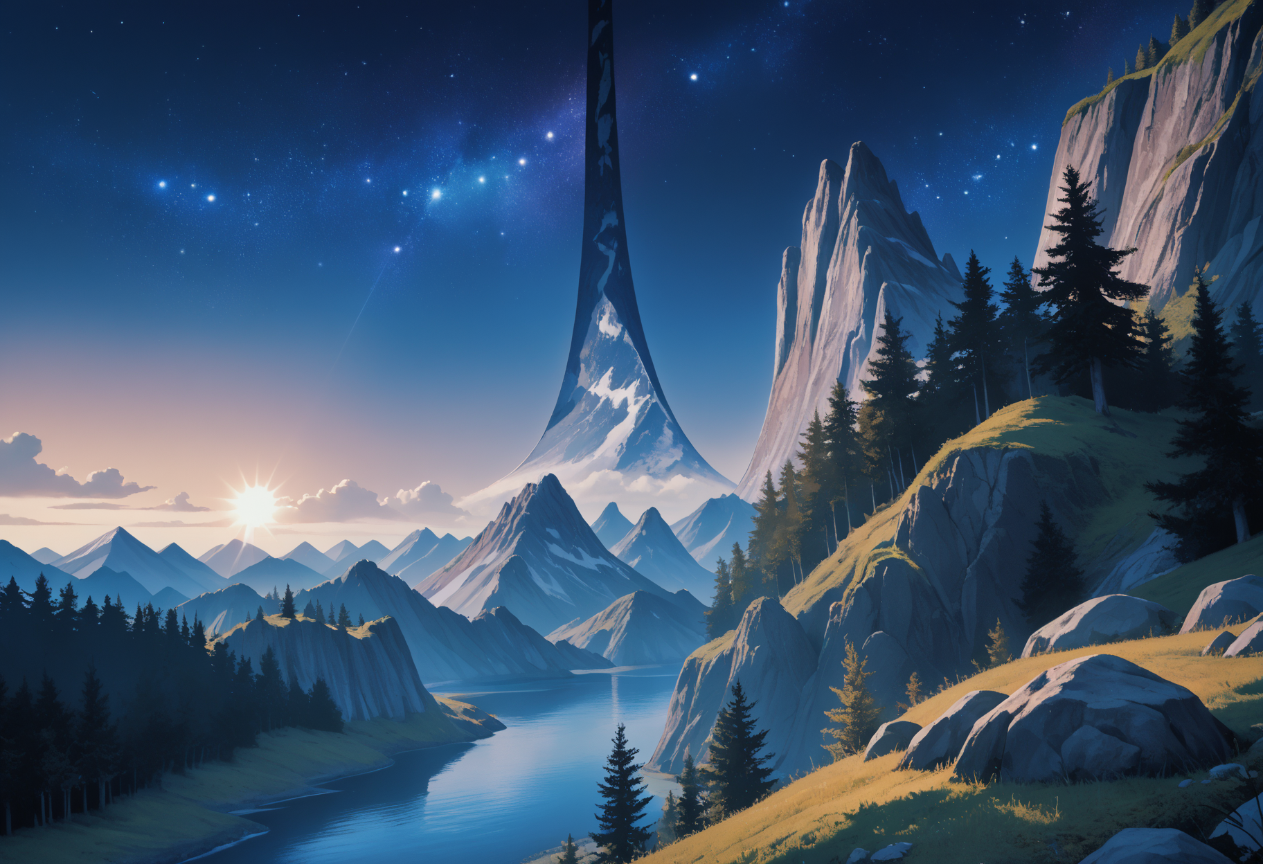 score_9, score_8_up, score_7_up, source_anime BREAK <lora:haloring-halo-richy-v1_pdxl:1> hlrng, horizon, mountainous horizon, vista, starry sky, blue sky, sunlight, cliff, mountain, forest, river, fantasy