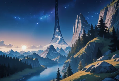 score_9, score_8_up, score_7_up, source_anime BREAK <lora:haloring-halo-richy-v1_pdxl:1> hlrng, horizon, mountainous horizon, vista, starry sky, blue sky, sunlight, cliff, mountain, forest, river, fantasy