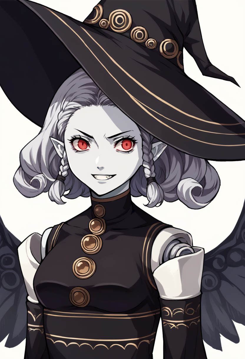 score_9, score_8_up, score_7_up, source_anime, 1girl, grin, <lora:zs_AgratXL:1> agratsmtvv, curly hair, grey hair, twin braids, colored skin, grey skin, red eyes, pointy ears, witch hat, black dress, detached sleeves, black wings, doll joints, <lora:zs_ZeroAzurePortraitsXL:1> zeroazureportraits, solo, upper body, simple background, upper body