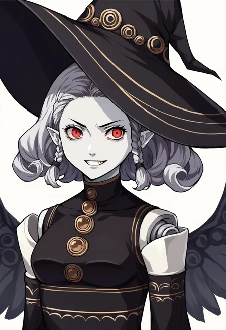 score_9, score_8_up, score_7_up, source_anime, 1girl, grin, <lora:zs_AgratXL:1> agratsmtvv, curly hair, grey hair, twin braids, colored skin, grey skin, red eyes, pointy ears, witch hat, black dress, detached sleeves, black wings, doll joints, <lora:zs_ZeroAzurePortraitsXL:1> zeroazureportraits, solo, upper body, simple background, upper body
