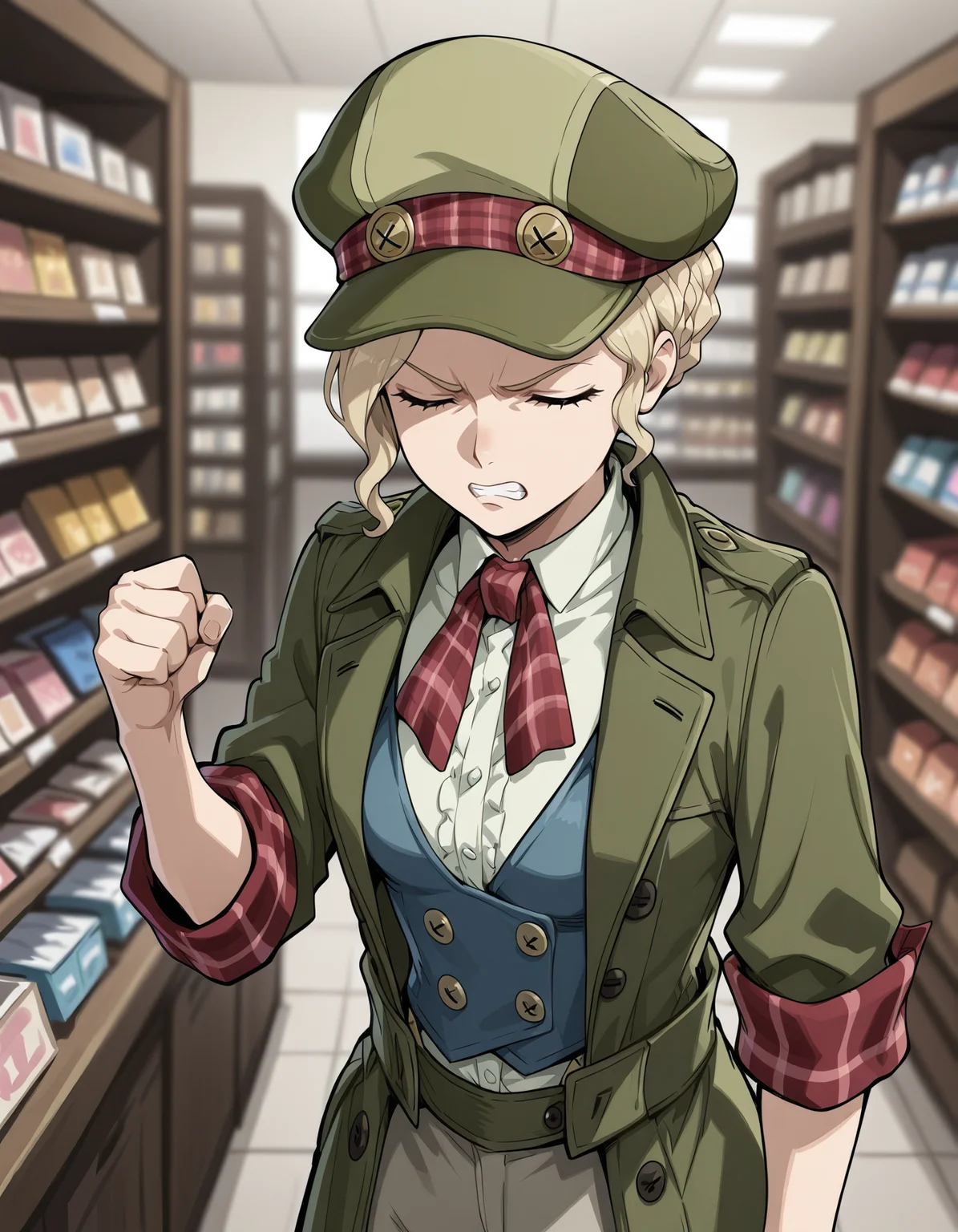<lora:susato-and-gina-gyakuten-illustrious-000015:1> gina lestrade, green headwear, green coat, blue vest, collared shirt, plaid neckwear, sleeves rolled up
1girl, solo, clenched teeth, clenched hand, annoyed, indoors, shop, closed eyes, blurry background