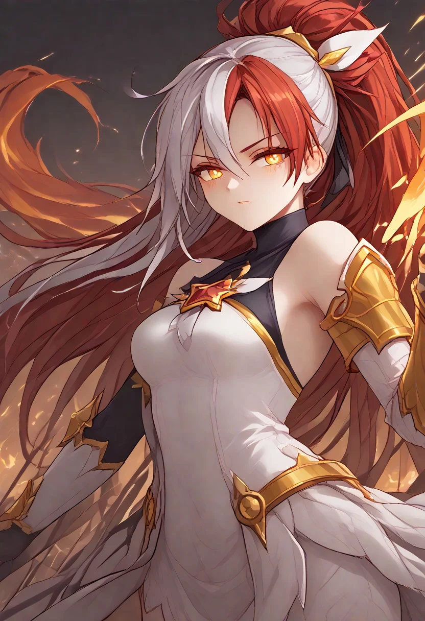 best quality, anime style, 1girl, silver hair, red glowing hair locks, solo, symbol-shaped pupils, yellow eyes, star guardian (league of legends), bare shoulders, white dress, golden dress, waero, long hair, El_Mas, armored dress, star (symbol), multicolored hair, busty, big tits, glowing hair, glowing eyes, gold armor, metal glow, shoulder armor, armor, fire, fire halo, fire magic, jewelry, flames, fire aura, dynamic pose, colorful, El_Flm, fire hair, shoulderguards, metal gloves, white necktie, EL_MAS, ponytail