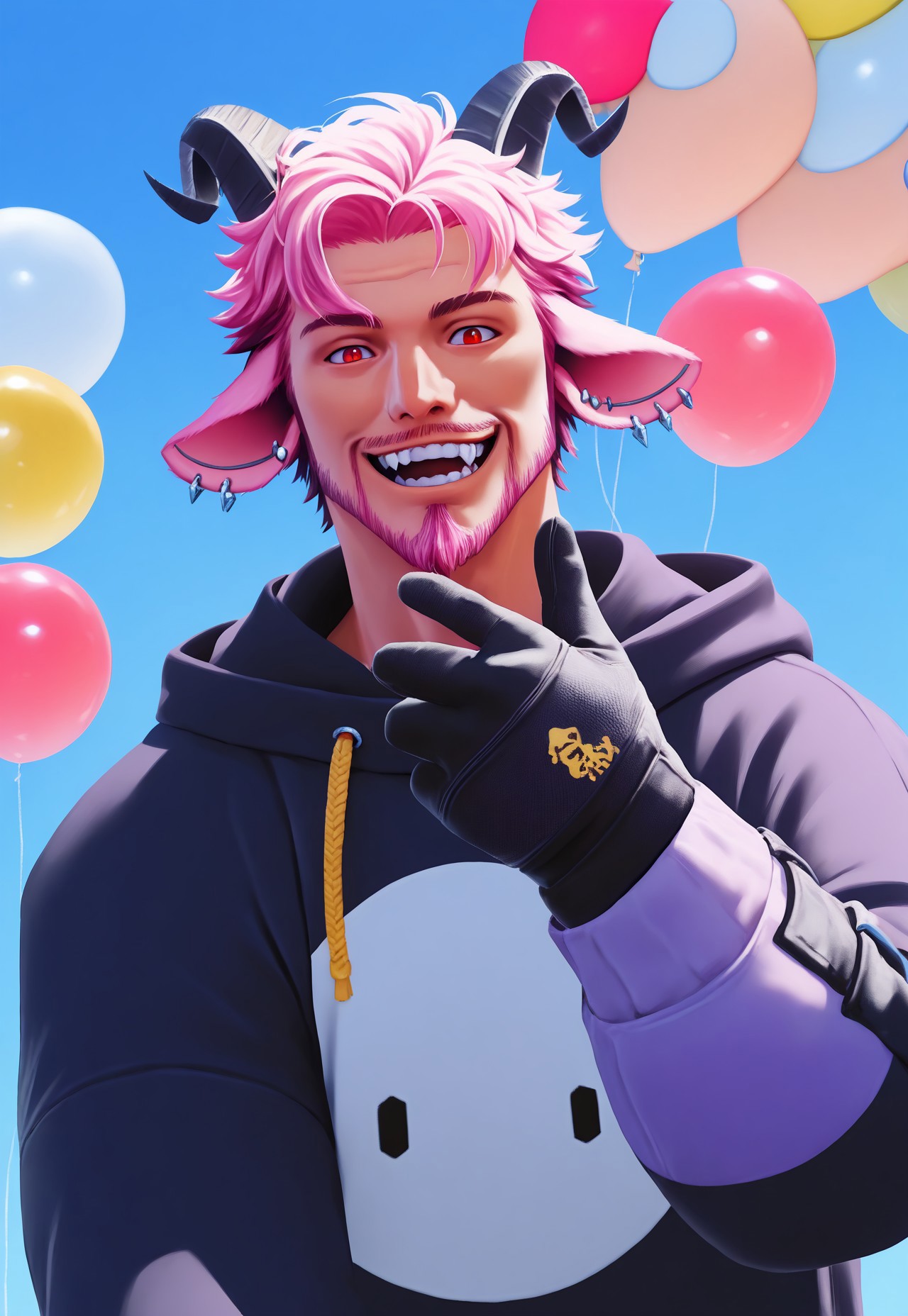 masterpiece, very aesthetic, absurdres, G3NTL3B34N, 1boy, male focus, horns, facial hair, solo, pink hair, hood, hoodie, animal ears, jewelry, short hair, earrings, balloon, looking at viewer, upper body, piercing, ear piercing, open mouth, smile, goatee, gloves, teeth, red eyes, long sleeves, hood down, sky, beard,