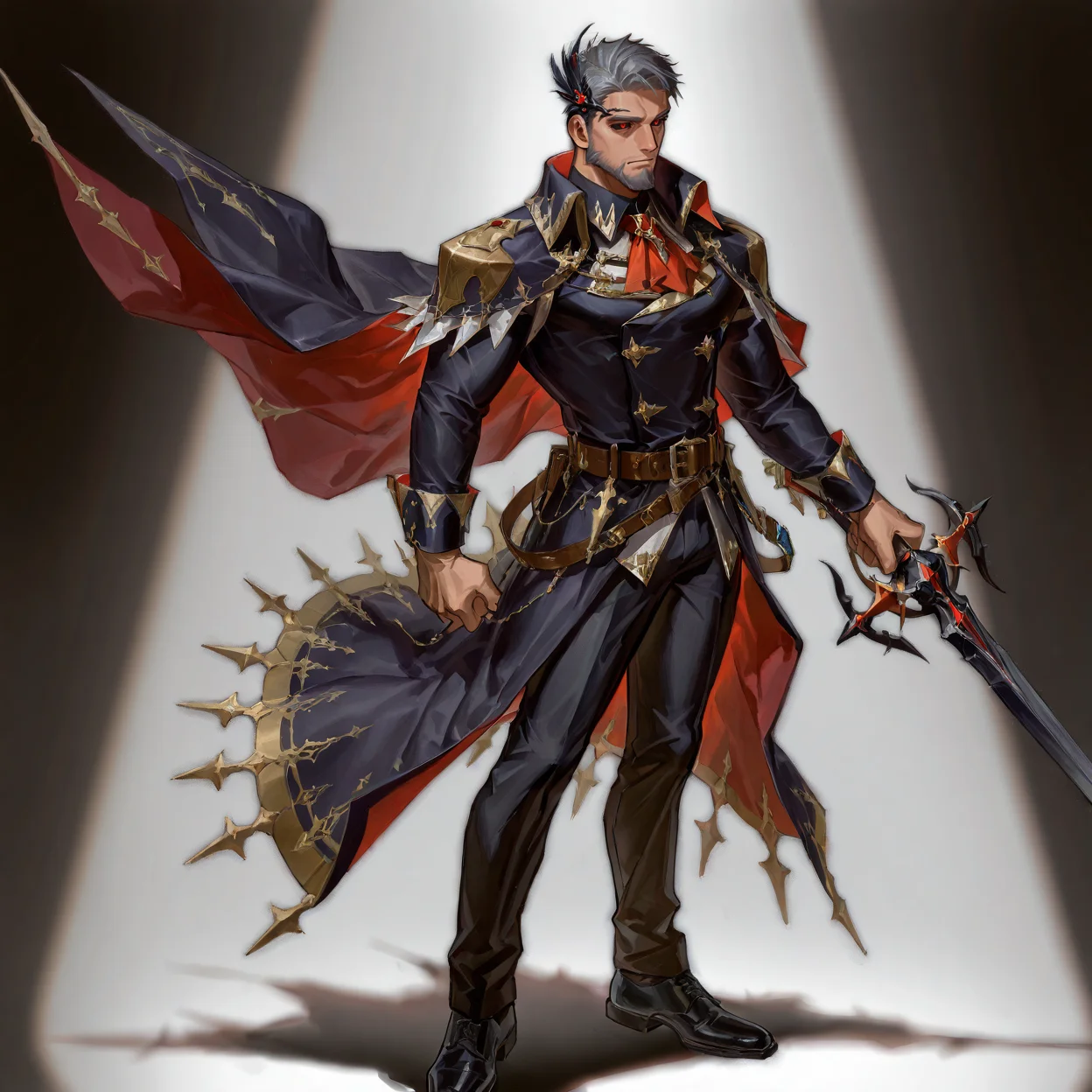<lora:Zahar_Alchemist_Code-000003:.5> tagatamezahar, 1boy, grey hair, black sclera, red eyes, hair ornament, solo, muscle body, male focus, manly, mature male, collared shirt, ascot, long sleeves, cape, coat, belt, pants, holding sword, shoes, armor
(very short hair, beard, bara, mature, facial hair, stubble, beard, full beard, sideburn, beard, a lot of beard, ), facial hair,male focus, muscular male, muscular male, bara, mature, bara, mature, aixiwuganda_(20222192), very awa, masterpiece, best quality, absurdres, newest, perfect quality, detailed background, intricate details,
<lora:slider_Body Type_alpha1.0_rank4_noxattn_last:3><lora:Anime Summer Days 2 Style SDXL_LoRA_Pony Diffusion V6 XL:.6><lora:slider_cfg_scale_boost:.7><lora:Artist6p:.55>, Artist6p, Artist04p,<lora:slider_il_brightness_slider_d1:-1><lora:slider_il_contrast_slider_d1:-1><lora:slider_DarkSlider1.2_alpha1.0_rank16_full_300steps:-.6>