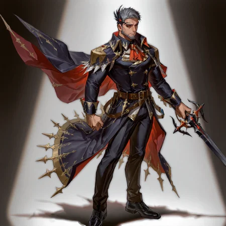 <lora:Zahar_Alchemist_Code-000003:.5> tagatamezahar, 1boy, grey hair, black sclera, red eyes, hair ornament, solo, muscle body, male focus, manly, mature male, collared shirt, ascot, long sleeves, cape, coat, belt, pants, holding sword, shoes, armor
(very short hair, beard, bara, mature, facial hair, stubble, beard, full beard, sideburn, beard, a lot of beard, ), facial hair,male focus, muscular male, muscular male, bara, mature,  bara, mature, aixiwuganda_(20222192), very awa, masterpiece, best quality, absurdres, newest, perfect quality, detailed background, intricate details,
<lora:slider_Body Type_alpha1.0_rank4_noxattn_last:3><lora:Anime Summer Days 2 Style SDXL_LoRA_Pony Diffusion V6 XL:.6><lora:slider_cfg_scale_boost:.7><lora:Artist6p:.55>, Artist6p, Artist04p,<lora:slider_il_brightness_slider_d1:-1><lora:slider_il_contrast_slider_d1:-1><lora:slider_DarkSlider1.2_alpha1.0_rank16_full_300steps:-.6>