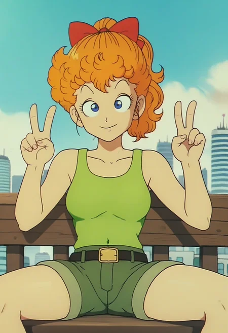 score_9, score_8_up, score_7_up, score_6_up, anime screencap, anime coloring, <lora:DBExtraGirlAkaneK:0.8>, DBExtraGirlAkaneK, orange hair, curly hair, short hair, hair bow, red bow, ponytail, blue eyes,
tank top, green shorts, belt,
sitting, looking at viewer, seductive smile, covered navel, legs apart, double v, upper body, legs,
BREAK cityscape, sunlight, day, blue sky,