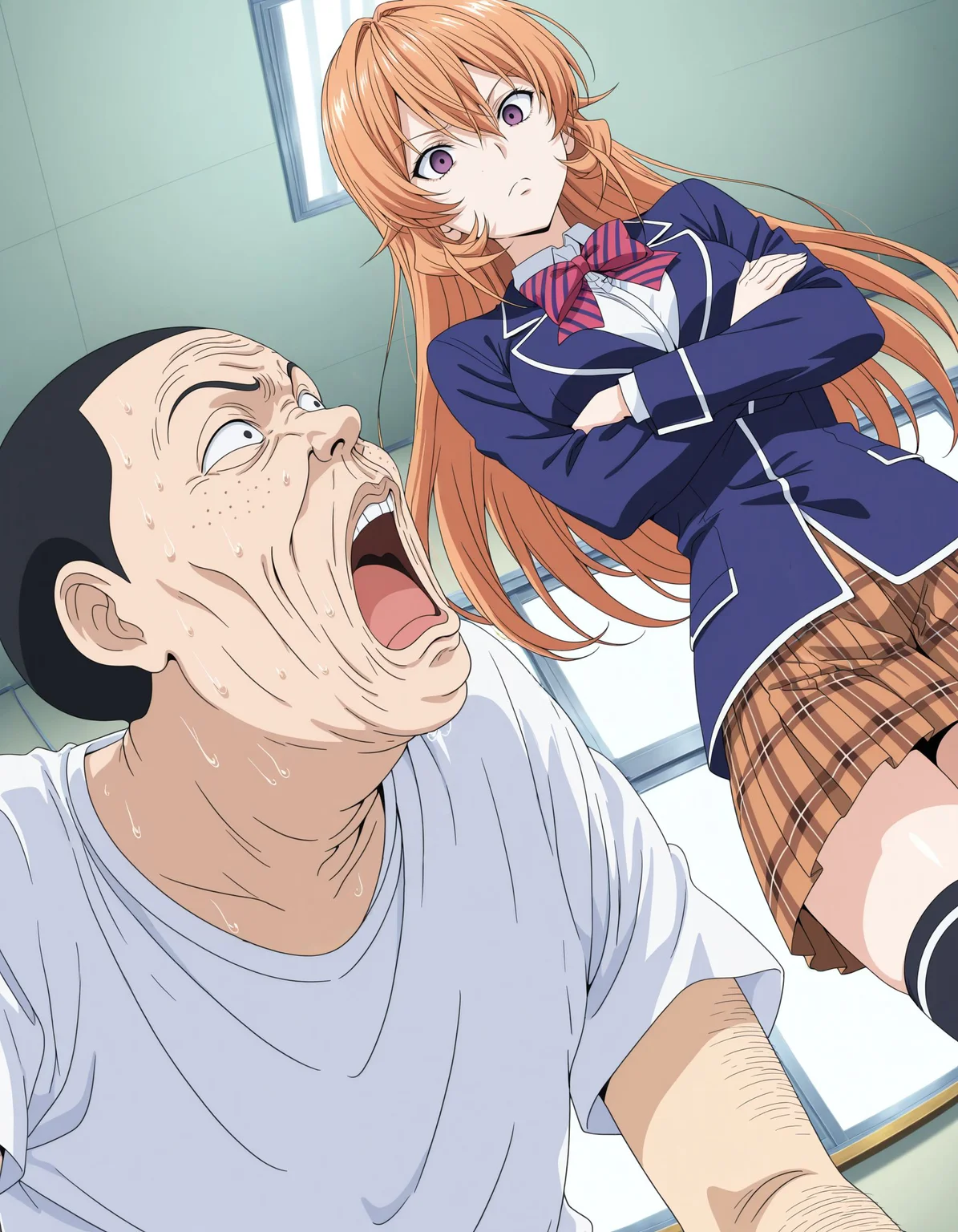 masterpiece, incredibly absurdres,best quality,anime screencap, anime coloring, looking afar, dutch angle,low angle,(fisheye:1.2), facing away,
<lora:InachuBoyV10:0.6>InachuBoy,1boy,ugly man,hentai,parody,style parody,black hair,buzz cut,black eyes,arm hair,(freckles,teeth,buck teeth,sanpaku:0.6),
(t-shirt,white shirt:0.9),
1girl,nakiri erina,shokugeki no souma,long hair, orange hair, purple eyes, hair between eyes,empty eyes,
bow, school uniform, jacket,blazer,black thighhighs, zettai ryouiki, plaid, plaid skirt,skirt, thighhighs,
crossed arms,looking to the side,look down,(behind the face,from back:1.1), facing up,(angry:0.8), (narrowed eyes:0.8),
Schools, classrooms,window,