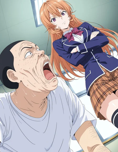 masterpiece, incredibly absurdres,best quality,anime screencap, anime coloring, looking afar, dutch angle,low angle,(fisheye:1.2), facing away,
<lora:InachuBoyV10:0.6>InachuBoy,1boy,ugly man,hentai,parody,style parody,black hair,buzz cut,black eyes,arm hair,(freckles,teeth,buck teeth,sanpaku:0.6),
(t-shirt,white shirt:0.9),
1girl,nakiri erina,shokugeki no souma,long hair, orange hair, purple eyes, hair between eyes,empty eyes,
bow, school uniform, jacket,blazer,black thighhighs, zettai ryouiki, plaid, plaid skirt,skirt, thighhighs,
crossed arms,looking to the side,look down,(behind the face,from back:1.1), facing up,(angry:0.8), (narrowed eyes:0.8),
Schools, classrooms,window,