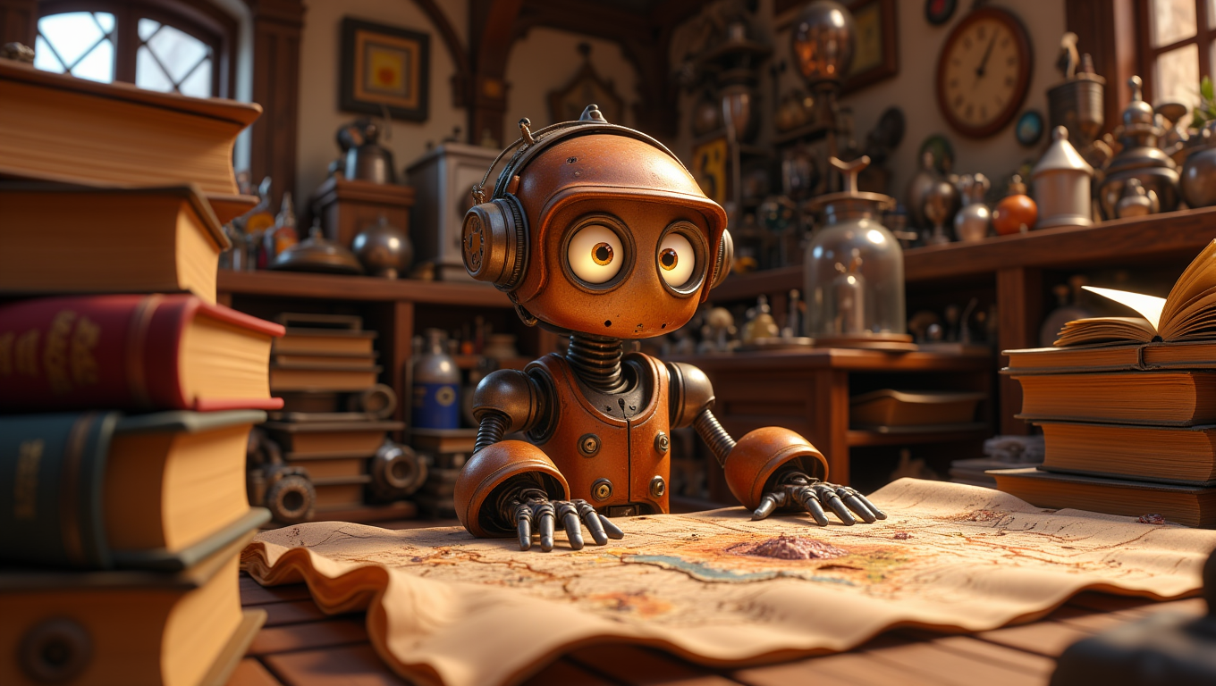 A small, round robot with big, glowing eyes is peeking out from behind a stack of old books in a cluttered workshop. Its metal hands are reaching for a dusty, ancient map spread out on a nearby table. The room is filled with quirky inventions, gears, and half-finished projects. The robotâs expression is a mix of wonder and curiosity as it uncovers a long-forgotten secret.  <lora:Cute_3d_Cartoon_Flux:0.6>