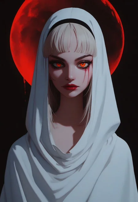 <lora:IOS_Iridescent_opal_style:0.6> shiny skin ,highly detailed,cinematic lighting, masterpiece, best quality, highres, intricate details, stunning,perfect face, detailed, skin saturation, epic realism, score_9, score_8_up, score_7_up,(realistic lighting),godrays,
1girl, score_9, score_8_up, score_7_up, flat color, g4n1m3, comicbookpage style, high contrast,
a surreal, haunting illustration featuring a ghostly figure standing under a massive red moon against a dark purple and pink sky. The figure is covered in a maroon bloody sheet with glowing yellow cat eyes visible through the fabric, creating a mysterious, ominous presence. They are holding a black cat with similar glowing red eyes, which adds to the eerie atmosphere. The background includes dark silhouettes of plants and abstract shapes, enhancing the supernatural and unsettling vibe. The overall color palette is dominated by reds, purples, and deep shadows, evoking a gothic, otherworldly mood
abstract background,((night)) ,