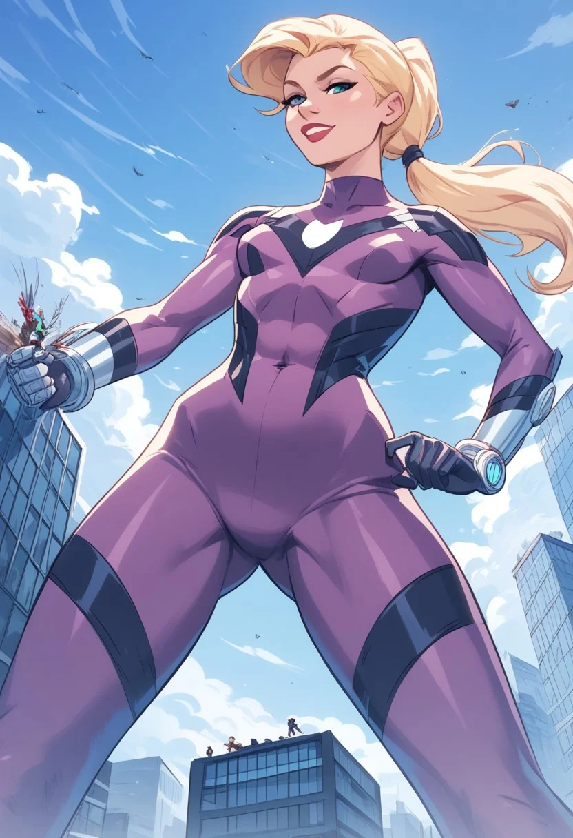 T1mmStyl3,,score_9, score_8_up, score_7_up, score_6_up, masterpiece, best quality, <lora:Cassie_Lang_-_Marvel_Comics_Pony:1> 1girl, solo,st1nger, bodysuit, blonde hair, ponytail, from below,giantess,straight legs,small breasts
