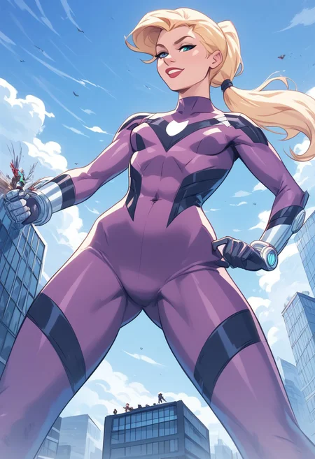 T1mmStyl3,,score_9, score_8_up, score_7_up, score_6_up, masterpiece, best quality, <lora:Cassie_Lang_-_Marvel_Comics_Pony:1> 1girl, solo,st1nger, bodysuit, blonde hair, ponytail, from below,giantess,straight legs,small breasts
