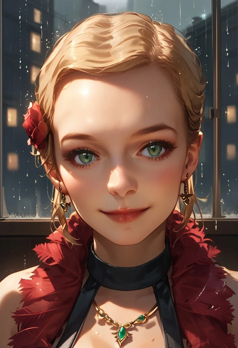 SCORE_9, SCORE_8_UP, SOURCE_ANIME, PORTRAIT, CLOSE UP, FACE FOCUS, SUBTLE SMILE, 1GIRL, SOLO, JESSICA ROSE, BLONDE HAIR, GREEN EYES, CHIGNON, HAIR FLOWER, CHOKER, EARRINGS, FEATHER BOA, COREST, TIERED MINISKIRT, 1ARM CUFF, BRACELETS, ELBOW GLOVES, NECKLACE, BREAK, DARK CITY, RAINING