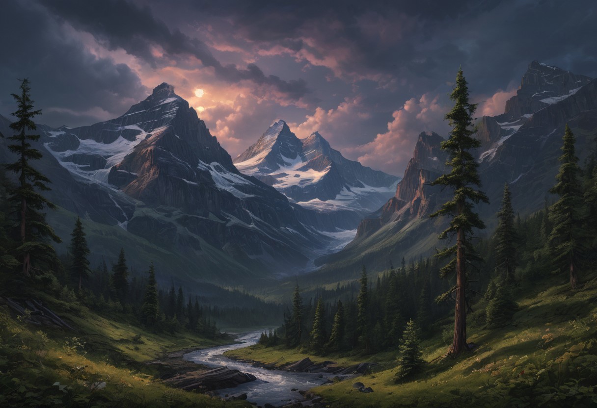 Beautiful outdoor, nature, no humans, mountain, glacier national park, dark twilight, forest, masterpiece, sharp focus, photorealistic rendering, extremely detailed