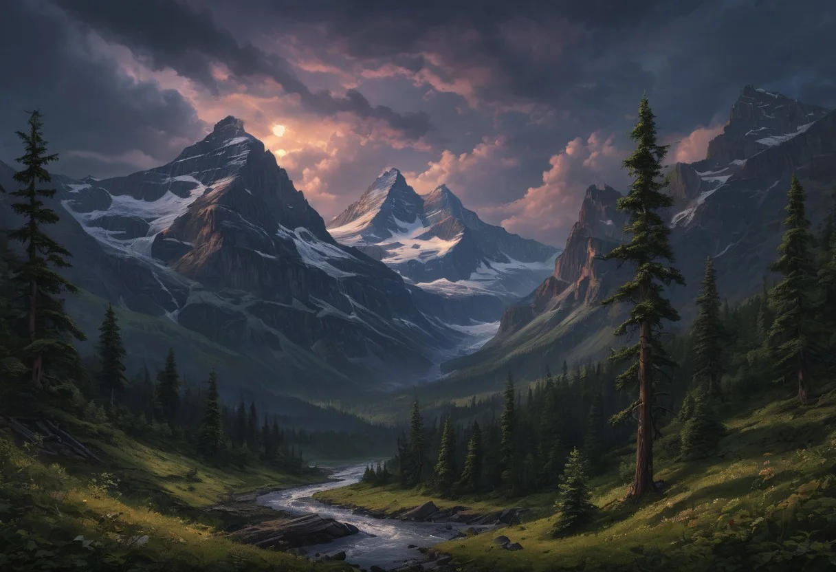 Beautiful outdoor, nature, no humans, mountain, glacier national park, dark twilight, forest, masterpiece, sharp focus, photorealistic rendering, extremely detailed