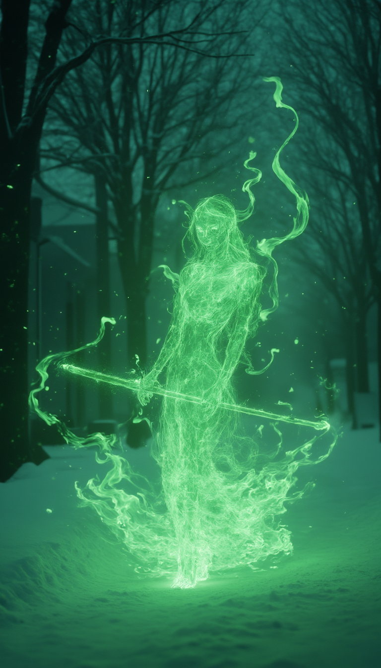 bailing_fire,
A girl **** entirely of flames stands,
Photorealistic, Cinematic Texture, a distant shot of a girl **** entirely of green flames, resembling a ghost, standing on a winter street. Her full body, composed of flickering green flames, appears as a translucent, glowing ghost-**** figure. In one hand, she holds a magical sword, its blade radiating an otherworldly green aura that complements her fiery form. The sword’s intricate, enchanted design flickers with sparks of energy, as if connected to the girl's essence. Her fiery form emits a soft, eerie green light, blending with the surroundings, and the glowing sword adds to the ethereal, haunting atmosphere as she stands alone in the cold winter night.