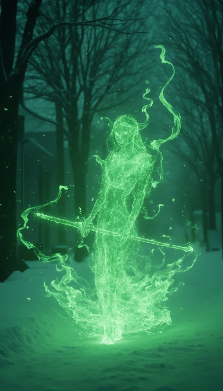 bailing_fire,
A girl **** entirely of flames stands,
Photorealistic, Cinematic Texture, a distant shot of a girl **** entirely of green flames, resembling a ghost, standing on a winter street. Her full body, composed of flickering green flames, appears as a translucent, glowing ghost-**** figure. In one hand, she holds a magical sword, its blade radiating an otherworldly green aura that complements her fiery form. The sword’s intricate, enchanted design flickers with sparks of energy, as if connected to the girl's essence. Her fiery form emits a soft, eerie green light, blending with the surroundings, and the glowing sword adds to the ethereal, haunting atmosphere as she stands alone in the cold winter night.
