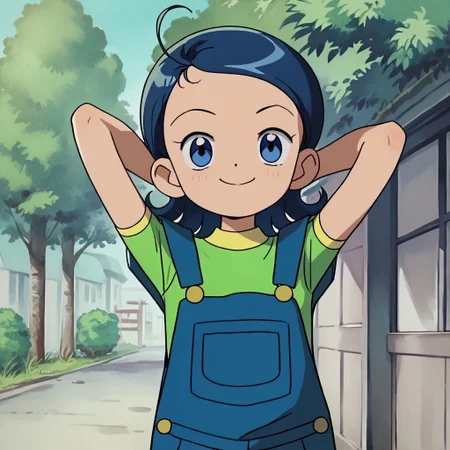 score_9, score_8_up, score_7_up BREAK Aiko1, 1girl, short blue hair, blue eyes, blue overalls, short-sleeve green shirt with yellow accents, brown shoes, smiling, hands behind head, cowboy shot,