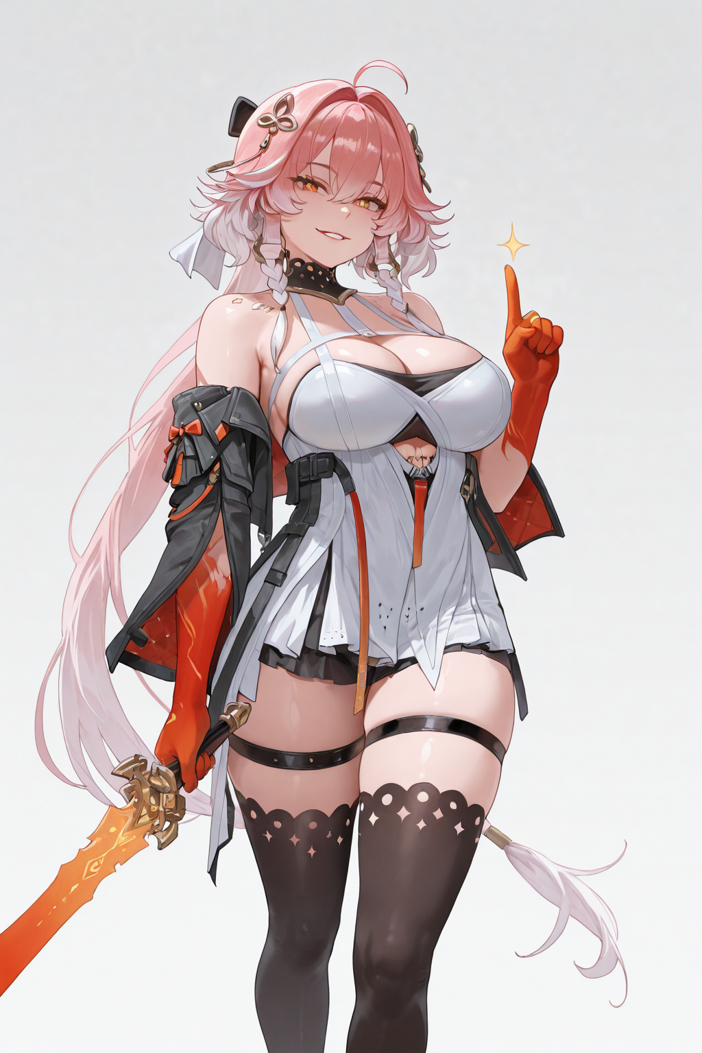 masterpiece,best quality,amazing quality,absurdres, <lora:Changli_Wuthering_Waves:1>, ChanDS, 1girl, ahoge, bare shoulders, black collar, black jacket, black thighhighs, body markings, braid, breasts, cleavage, collar, colored extremities, dress, feet out of frame, hair between eyes, hair extensions, hair intakes, hair ornament, hand up, holding, holding sword, holding weapon, index finger raised, jacket, large breasts, long hair, looking at viewer, multicolored hair, orange eyes, parted lips, pink hair, red hands, ring hair extensions, smile, solo, sword, tacet mark \(wuthering waves\), thigh strap, thighhighs, twin braids, two-tone hair, very long hair, weapon, white dress, white hair
