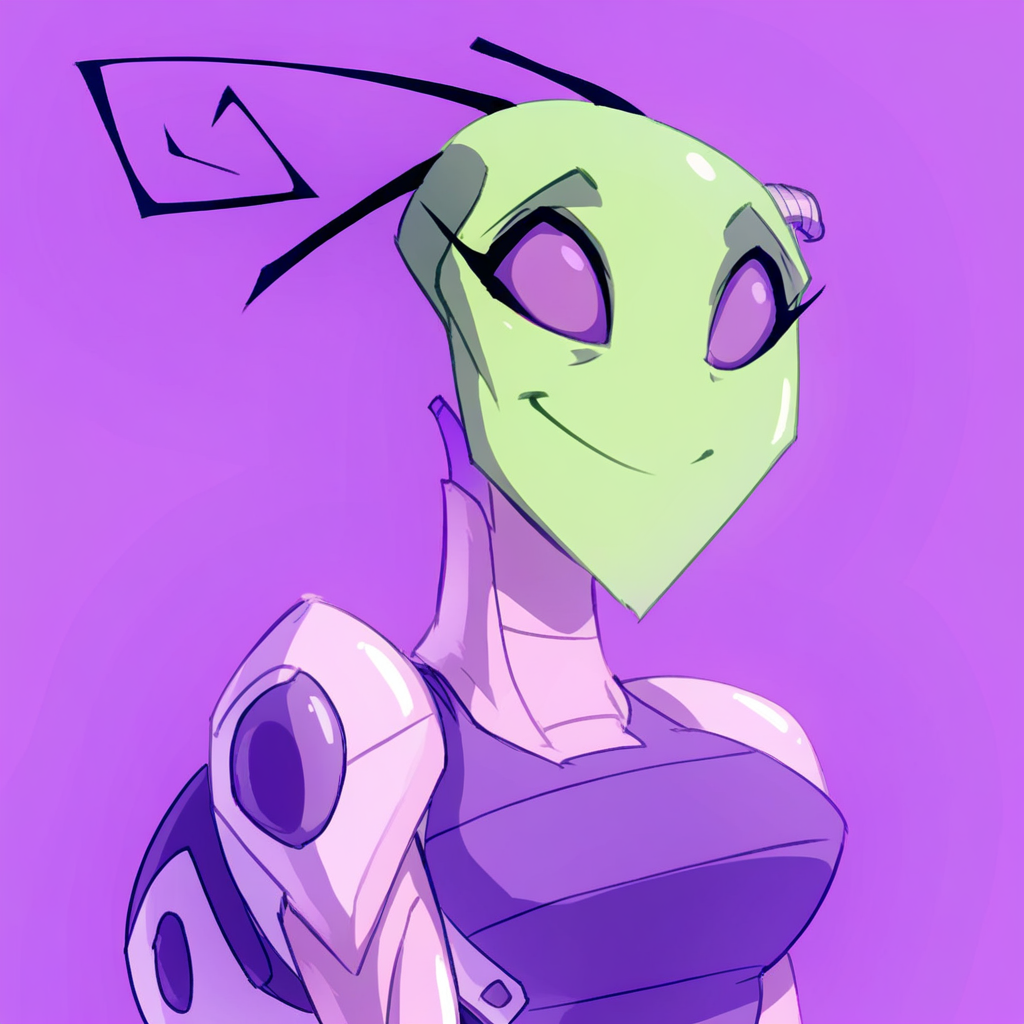 Tak(Bigdad), alien, broken antennae, purple eyes, female, Tak outfit, Upper body, smile, solo, purple background