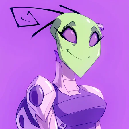 Tak(Bigdad), alien, broken antennae, purple eyes, female, Tak outfit, Upper body, smile, solo, purple background