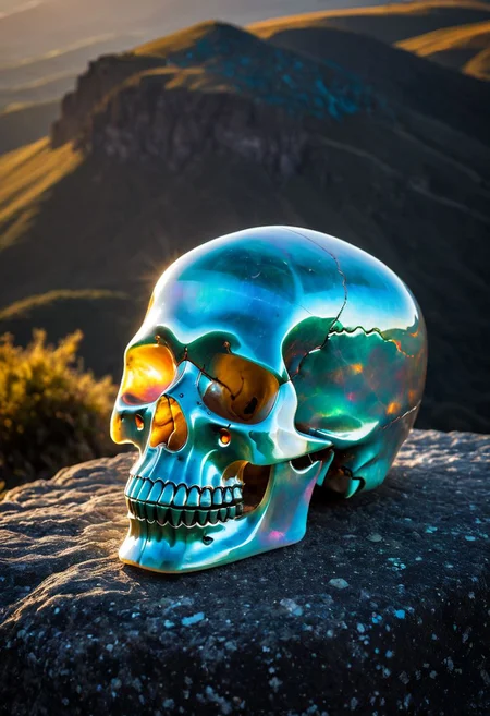 Fujifilm XT3, Sony A7 IV, (award winning photography) a marble skull made of opal set on a stone ledge in the early morning light, glistening. in the background beautiful valleys, divine (iridescent: 0.79), opalescent textures, volumetric light, ethereal, sparkling, studio photo, highly detailed, sharp focus (highest quality: 1.39) (highest coherency: 1.39) (award winning photography), highly detailed photography, (muted colors, cinematic, dim colors, soothing tones:1.2), vibrant, insanely detailed, hyperdetailed, (dark shot:1.2), (vsco:0.3), (intricate details:0.9), (hdr, hyperdetailed:1.2) (vignette), sss