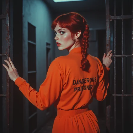 ArsMovieStill, movie still from a 1970s horror movie, upper body portrait from behind of a 21 year old redhead woman with pale skin wearing a orange prison uniform, vibrant red hair in long braided pigtails. She stands defiant in her dark prison cell against the rusting iron bars of her cell, shot is from behind with the woman looking back at the camera, she holds onto the bars to the side of her. DarkAtmosCE style, "DANGEROUS PRISONER" written in stencil on the back of her uniform