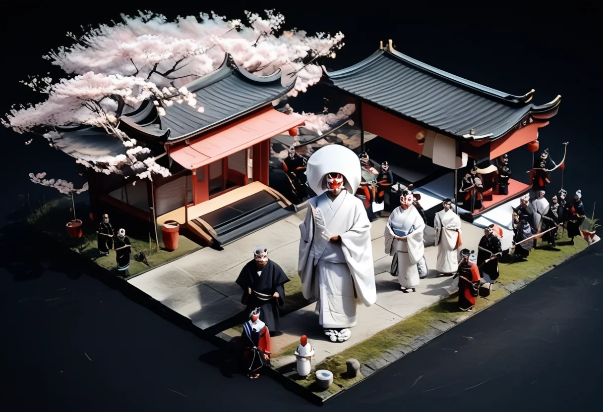 score_9,score_8_up,score_7_up,masterpiece,best quality,source_real,realstic,photorealstic,
KitsuneNoYomeiri_Bridal,,cherry blossom tree,sash,architecture,japanese traditional architecture,,standing,<lora:BDpony_KitsuneNoYomeiri_V1-5928:1>,:,<lora:IsoPixel-PDXL:1>,ispzxll,simple background,isometric,miniature,diorama,no people,black background,from above,<lora:add-detail-xl:1>,mysterious atmosphere,mist,