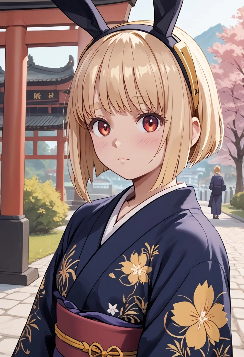 score_4,score_5,score_6,score_7_up,score_8_up,score_9 ((masterpiece,best quality,ultra detailed,highres,HD,4k:1.2)),
1 cute girl,((solo,solo focus)),girl focus,face focus,
blonde hair,bangs,short hair,bob cut,sidelocks,thick eyebrows,red eyes,petite,
Kimono, formal wear, obi, floral kimono, rabbit ears, fake rabbit ears, hair accessories,
outdoor,torii,
looking at viewer,closed mouth,Expressionless,blush,