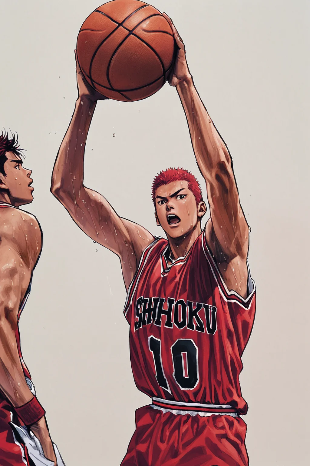 Sakuragi Hanamichi, basketball,red basketball uniform, 1boy, male focus, solo, shoes, sneakers, sportswear, red hair, white background, shorts, simple background, sweat, holding, jumping, arms up, nike, full body, ball, red shorts, holding ball,<lora:Inoue Takehiko_XL:0.8>,