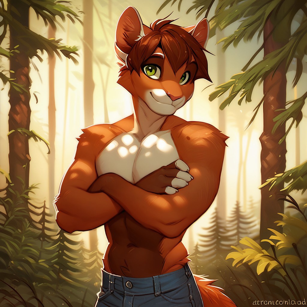 score_9_up, score_8_up, score_7_up, by iskra, cute, konradIskra, brown hair, green eyes, solo, 1boy, furry male, standing, topless, forest, arms crossed, looking at viewer, smile, jeans, upper body view