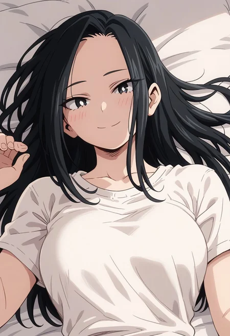 momo_yaoyorozu, 1girl, 1girl,score_9, score_8_up, score_7_up, black hair, black eyes, white pupil, solo, long hair, smile, shirt, collarbone, portrait, white shirt, lying, on bed, breasts, looking at viewer, blush, closed mouth, animestyle, hairdown