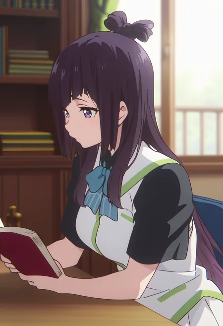 masterpiece, best quality, amazing quality, very aesthetic, absurdres,
1girl, solo, Beach Angels A, long hair, multicolored hair, gradient hair, black hair, purple hair, hair knot, purple eyes,
school uniform, black shirt, white vest, short sleeves, blue bowtie, white skirt, pleated skirt, frilled skirt,
at Library, bookshelves, reading a book, table, window,
anime coloring,
kyoto animation,