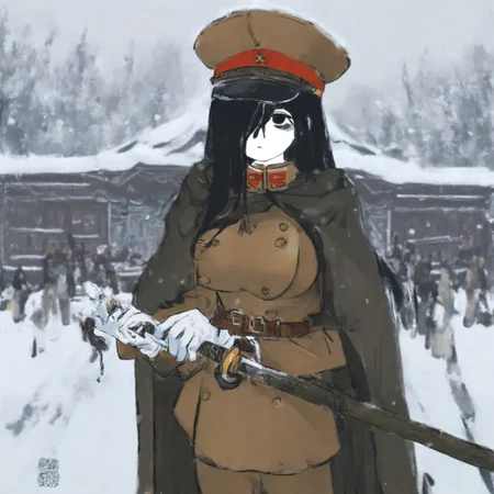 safe_pos, people,characters,style,general tags,rating,masterpiece,best quality,good quality,newest, 1girl,<lora:IJA uniform-v3IL:1>,cape,military,hat,uniform,military_uniform,white gloves,peaked_cap,military_hat,belt,IJA Taisho,IJA officer,IJA peaked cap,cloak,double breasted uniform,leather belt,khaki uniform,gloves, black hair,long hair,large breasts,holding katana,expressionless, hair over one eye,pale skin,outdoors,snow,snowing,winter,east asian architecture,japanese village, sadako yamamura, black eyes,
xiaohuoguo, masterpiece, best quality, highres, absurdres, newest, aesthetic, very awa, long hair, straight hair