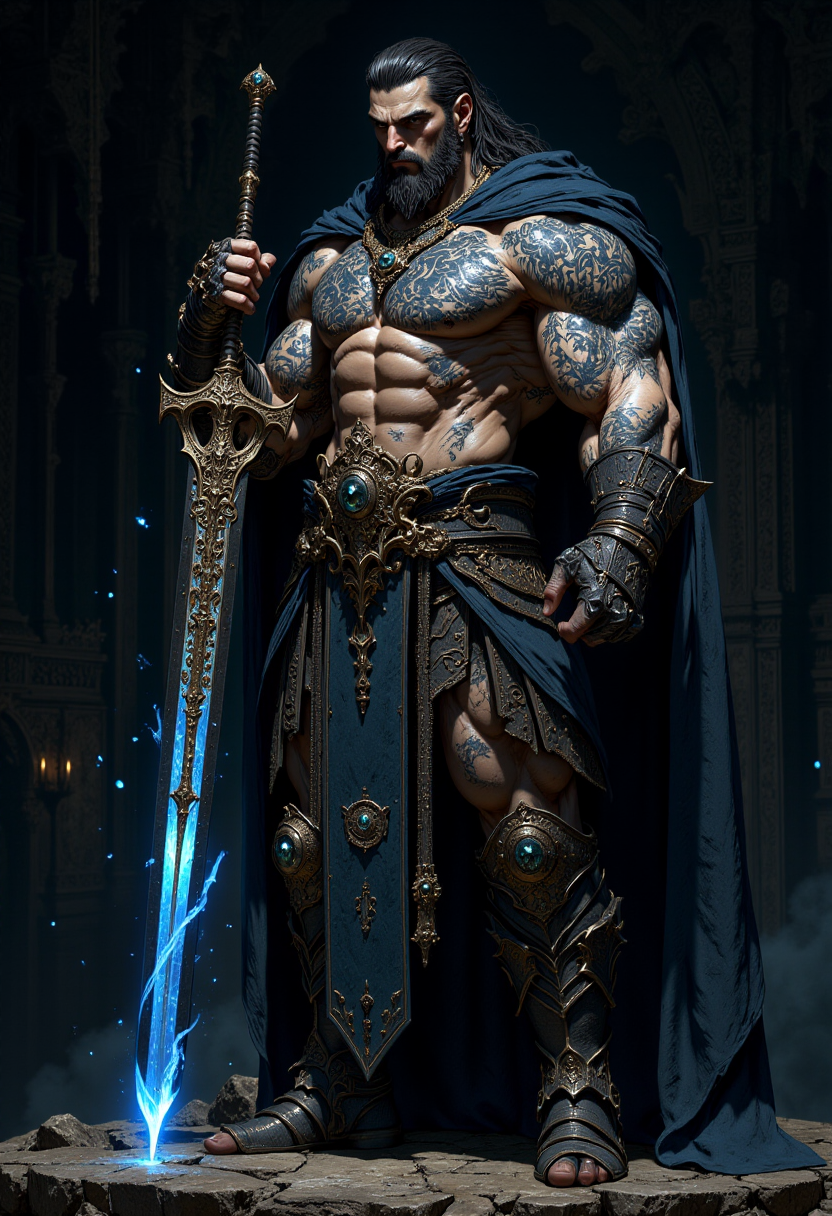 Image is a digital illustration featuring a muscular, bearded man with a stern expression. He has light blue skin and intricate black tribal tattoos covering his arms and chest. The character is holding a large, ornate sword with a glowing blue blade, which contrasts with the dark, earthy tones of his attire. He wears a long, dark skirt-like garment with leather straps and boots, adding to his warrior-like appearance. The background is dark castle, emphasizing the character's imposing figure and detailed design. light particles, extremely sharp focus, unique artistic composition, (maximum ultra high definition image quality and rendering:3), maximum image detail, maximum realistic render, (((ultra realist style))), realist side lighting, , 8K high definition, realist soft lighting, (amazing special effect:3.5)
<lora:FluxMythP0rtr4itStyle:0.6> <lora:flux.1_lora_flyway_Epic-Characters_v1:0.6> <lora:Elden_Ring_-_Yoshitaka_Amano:0.33>