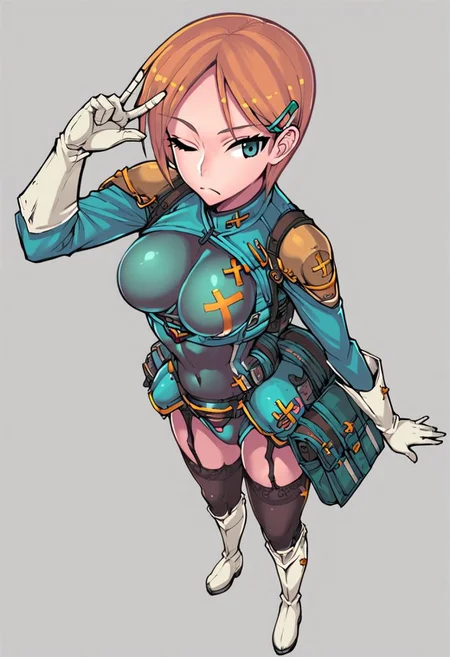 8k resolution:1.3, outstanding detail, Score_9, score_8_up, score_7_up, best quality, highly detailed, dynamic posture, taken from above,
1girl, mgqSonia, black_thighhighs, garter_straps, armor, hairclip, white_knee_boots, white_gloves, standing, impossible_clothes, hand on forehead,
wink, one eye closed, frown, closed mouth,
simple background, white background