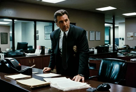 cinematic still photography, Detective Tom Jackson, mid-40s, worn expression, standing at his desk, police station, downtown LA, gritty atmosphere, worn desks, flickering fluorescent lights, busy detectives, cinematic framing, medium shot, wide lens, cinematography inspired by Dante Spinotti, direction inspired by Michael Mann, 1990s crime drama. Hollywood action movie film style,  <lora:Hollywood action movie film style:0.85>
