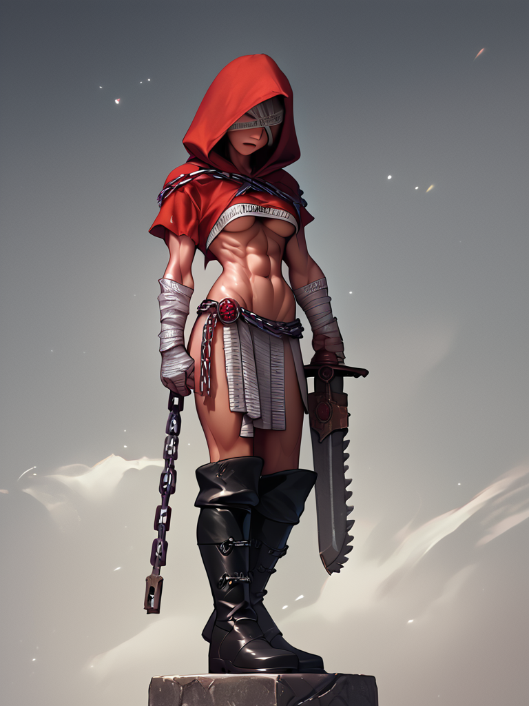score_7_up, score_8_up, score_9, masterpiece, perfect face, high quality, source_anime, (1girl, solo,) <lora:Sister_of_Battle_Repentia_-_Warhammer_40k:1> repentia, hood, chain, bandages, underboob, muscular, boots, sword