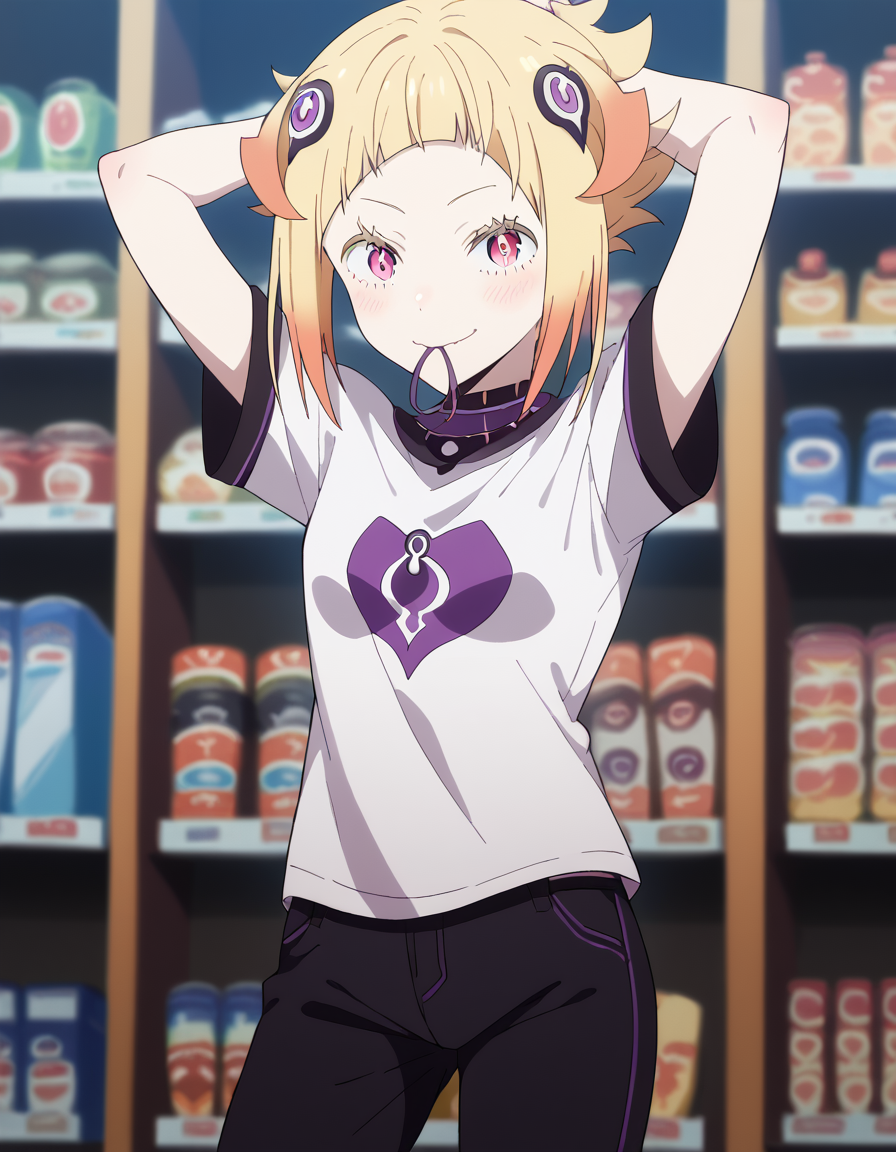 score_9, score_8_up, score_7_up, source_anime, <lora:capella-emerada-lugunica-s3-p1-ponyxl-lora-nochekaiser:1>, capella emerada lugunica, short hair, blonde hair, hair ornament, pink eyes, multicolored hair, gradient hair,, shirt, t-shirt, white shirt, pants, denim pants,, convenience store, snacks, shelves, counter, quick, smile, <lora:hair-tie-in-mouth-ponyxl-lora-nochekaiser:1>, hair tie in mouth, hair tie, mouth hold, rubber band, blush, tying hair, adjusting hair, hands in hair, arms up, arms behind head, ponytail, hand in own hair, hair lift, cowboy shot, looking at viewer, looking at viewer, solo,, dutch angle, cowboy shot
