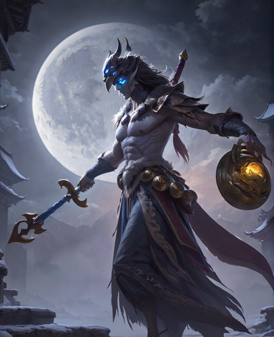 <lora:bloodmoonXL-step00000250:0.9>,bldmoon,shaman,Gelid Shackles,ominous full moon,cinematic,oriental,realistic,ultra detailed,ray tracing,cloudy sky,octane render,intricate,cinematic,oriental,glowing features,masterpiece,hyper realistic reflections,50nm dof,bokeh,realistic,sharp focus,ultra detailed,8k,uhd,surging power,high resolution,trending on artstation and deviantart,featured,style of __fantasy-artist__ and Robert Campbell and sword and sorcery