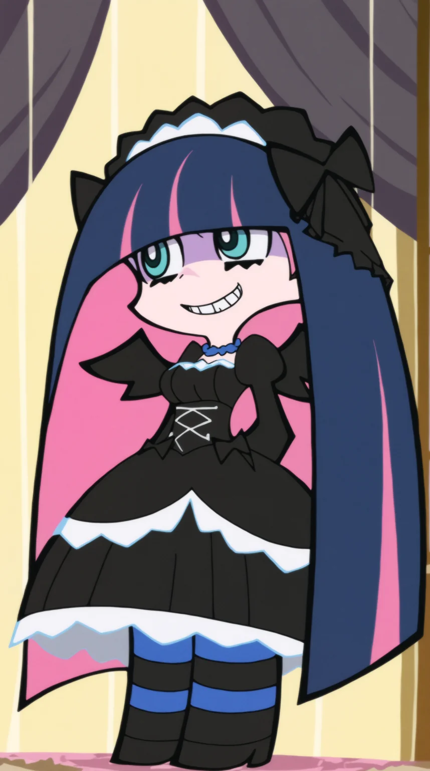 masterpiece, solo, stocking anarchy, gothic dress, corset, striped socks, black veil, wedding dress, black wings, evil smile, teeth <lora:panSto-multicharacter-Illustrious-XL:0.8>, striped kneesocks