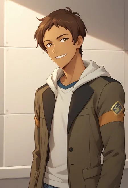 score_9, score_8_up, score_7_up, source_anime, highly detailed, 
lance, 1boy, solo, male focus, brown hair, short hair, dark skin, jacket, dark-skinned male, pants, hood, smile, upper body, denim, hoodie,
indoor, aerospace base
